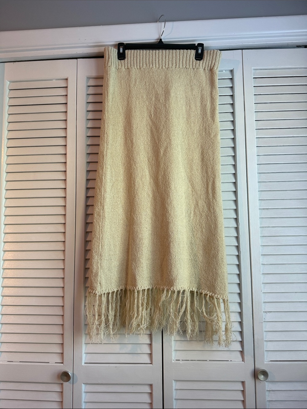 Womens Cream Fringe Maxi Skirt with Ribbed Waistband